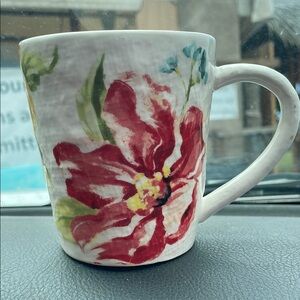Pier 1 Camelia Floral Large Ceramic Mug with Red and Green Design